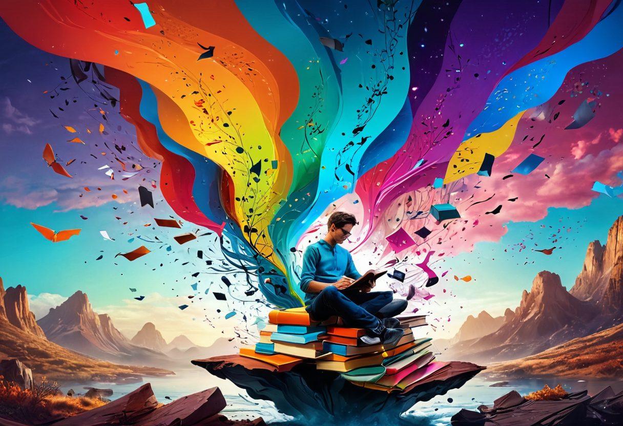 A dynamic scene of a writer surrounded by floating books and swirling ideas, capturing the essence of creativity. The background features an inspiring landscape with vibrant colors symbolizing imagination and storytelling. Different elements like sketches, digital devices, and colorful ink splatters to represent various forms of storytelling. The atmosphere is electric and inviting, encouraging engagement in the blogosphere. vibrant colors. surreal. 3D.