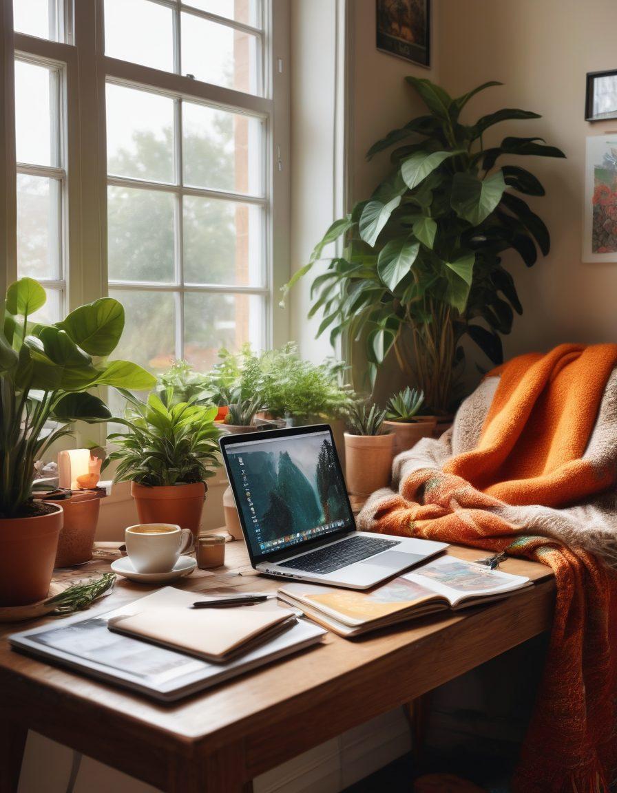 A cozy home workspace filled with vibrant plants and a stylish desk adorned with a laptop and notebooks. A steaming cup of coffee sits beside a warm window with sunlight pouring in. Colorful postcards and quotes about creativity hang on the wall, inspiring the viewer. Soft, inviting textures like a knitted throw and plush pillows enhance the atmosphere. super-realistic. warm colors. inviting ambiance.