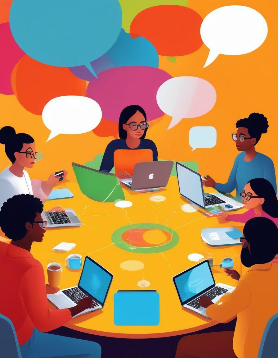 A diverse group of animated characters engaging in lively discussions around a digital roundtable decorated with colorful speech bubbles, laptops, and coffee cups, symbolizing a vibrant blog community. The background features an abstract representation of interconnected networks, showcasing collaboration and engagement. bright colors. vector art.